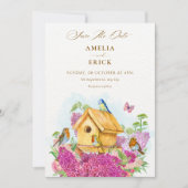 Vogelhuisje bloemige bruiloft save the date (Voorkant)