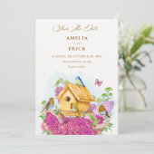 Vogelhuisje bloemige bruiloft save the date (Staand voorkant)