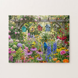 Vogelhuisjes, kleurrijke vogels en bloeiende bloem legpuzzel