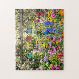 Vogelhuisjes, kleurrijke vogels en bloeiende bloem legpuzzel