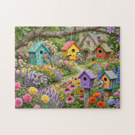 Vogelhuisjes, kleurrijke vogels en bloeiende bloem legpuzzel