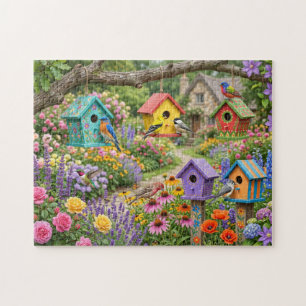 Vogelhuisjes, kleurrijke vogels en bloeiende bloem legpuzzel