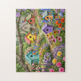 Vogelhuisjes, kleurrijke vogels en bloeiende bloem legpuzzel
