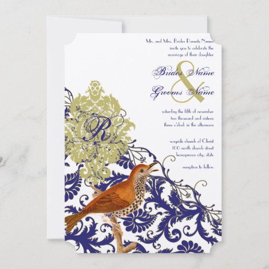 vogeljacht Endive Damask Wedding Kaart (Voorkant)