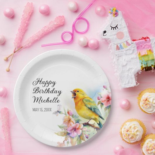  vogelkanariën bloemen gelukkige verjaardag papieren bordje (Feest)