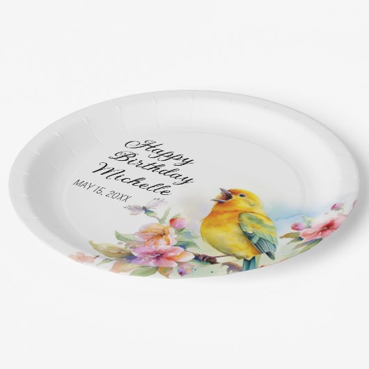  vogelkanariën bloemen gelukkige verjaardag papieren bordje (Gekanteld)