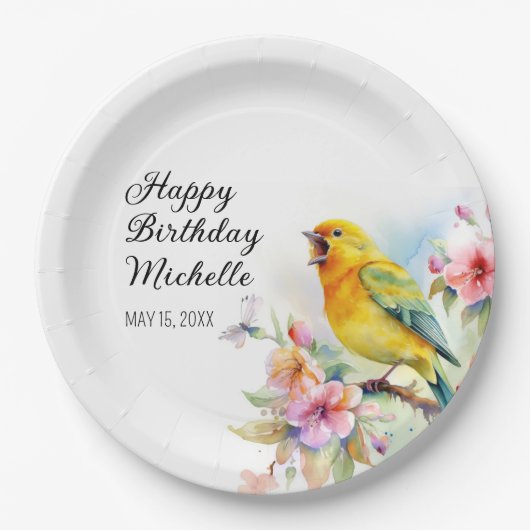  vogelkanariën bloemen gelukkige verjaardag papieren bordje (Voorkant)