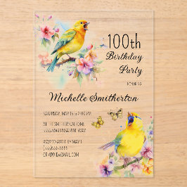  vogelkanaries Flowers 100th Birthday Acryl Uitnodigingen