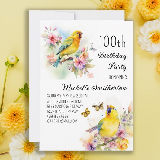  vogelkanaries Flowers 100th Birthday Kaart