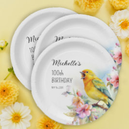 vogelkanaries Flowers 100th Birthday Papieren Bordje