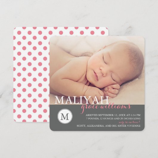 Vogelkondiging op zoete monogram / Stippen op Roos Aankondiging (Voorkant / Achterkant)