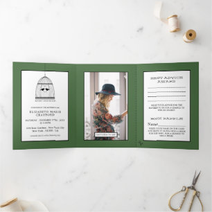 Vogelkooi Artisjok Groen Baby shower Suite Drieluik Uitnodiging