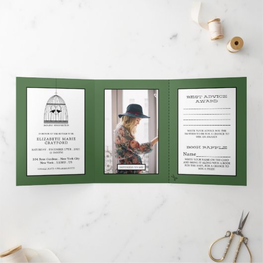  Vogelkooi Artisjok Groen Baby shower Suite Drieluik Uitnodiging (Binnen)