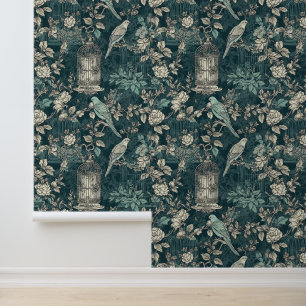 Vogelkooi Bloemen Blauwgroen Groene Crème Behang