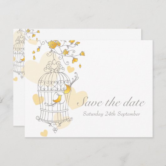 Vogelkooi bruiloft geel save the date kaart (Voorkant / Achterkant)
