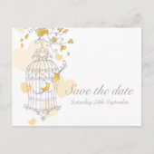 Vogelkooi bruiloft geel save the date kaart (Voorkant)