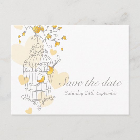 Vogelkooi bruiloft geel save the date kaart (Voorkant)