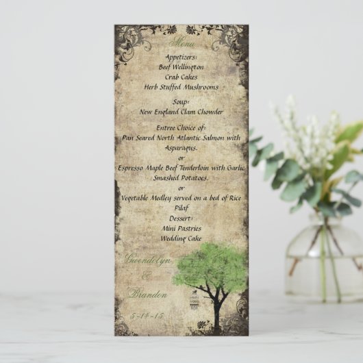 Vogelkooi en boomgroene bruiloft Menu Kaart (Staand voorkant)
