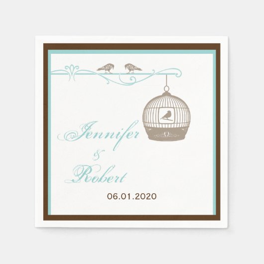  Vogelkooi in Bruin en Aqua Bruiloft Servetten (Voorkant)
