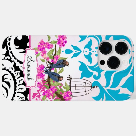 Vogelkooi Liefde Vogel Roze Aqua Damask iPhone Cas Case-Mate iPhone Case (Achterkant (horizontaal))