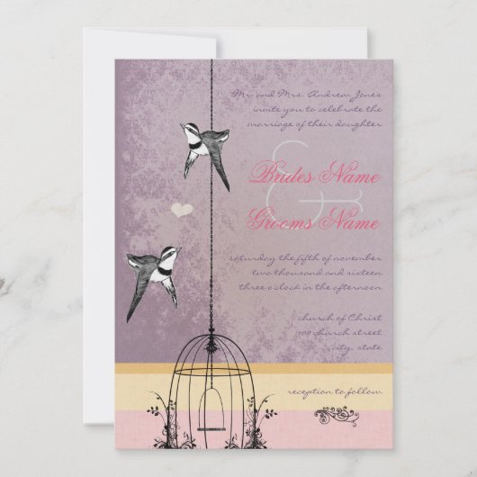  vogelkooi Paars goudroze bruiloft Kaart (Voorkant)
