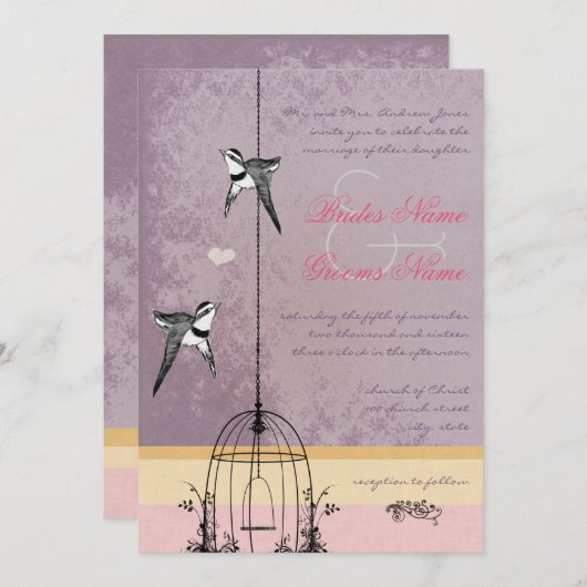  vogelkooi Paars goudroze bruiloft Kaart (Voorkant / Achterkant)