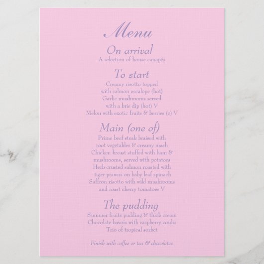 Vogelkooi paars roze groot trouwdiner menu (Achterkant)