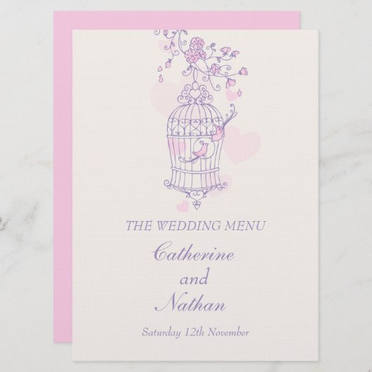 Vogelkooi paars roze groot trouwdiner menu (Voorkant / Achterkant)
