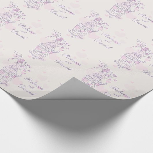 Vogelkooi paarse roze bruiloft aangepaste wrap cadeaupapier (Hoek)
