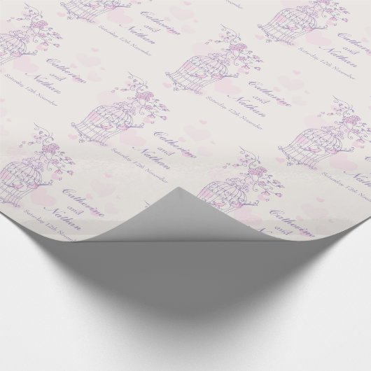 Vogelkooi paarse roze bruiloft aangepaste wrap cadeaupapier (Hoek)