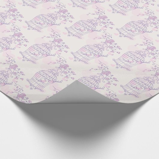Vogelkooi paarse roze bruiloft cadeaupapier (Hoek)