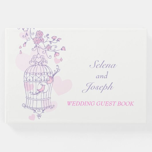 Vogelkooi paarse / roze bruiloft gastenboek (Voorkant)