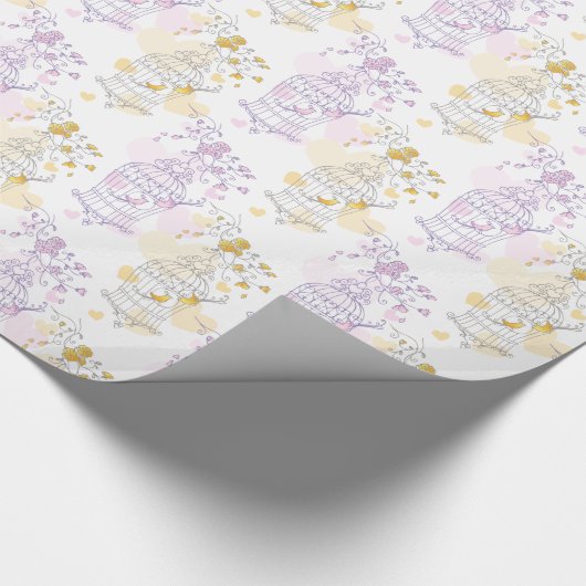 Vogelkooi paarse roze geel grijs bruiloft wrap cadeaupapier (Hoek)