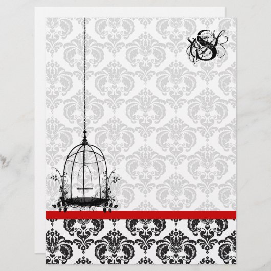 Vogelkooi Rood Damast Monogram Letterhoofd (Voorkant / Achterkant)