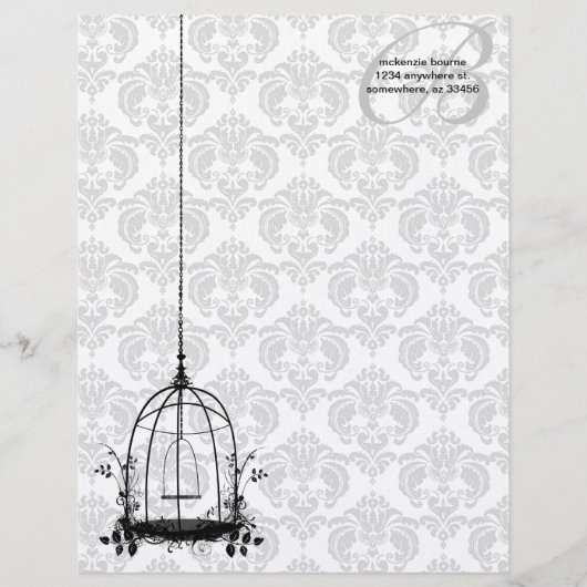  Vogelkooi Rood Damast Monogram Letterhoofd Custom Briefhoofd (Voorkant)