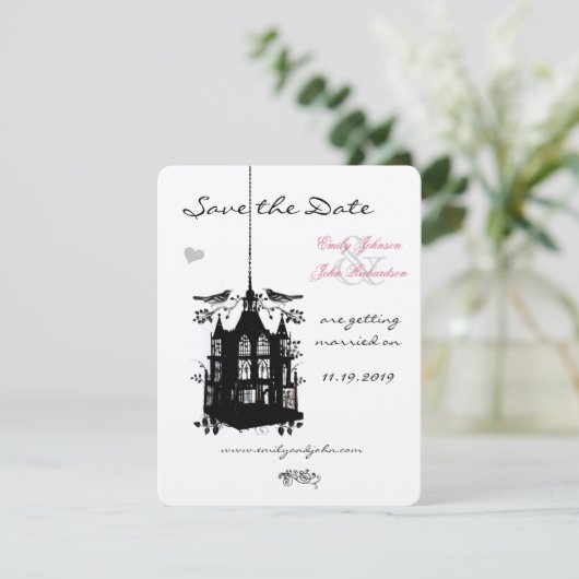 Vogelkooi roze en zwart huwelijk sparen de datum save the date (Staand voorkant)