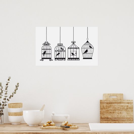  vogelkooien met schattige vogels poster (Keuken)