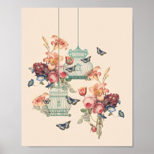  vogelkooien, vlinders en  flora poster (Voorkant)