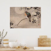 Vogelkop op een tak van een bloeiende boom poster (Keuken)