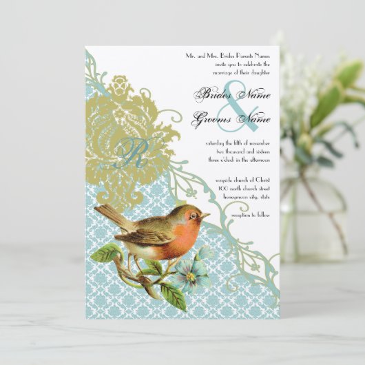  vogelkoraal Lagoon Endive Damask Wedding Kaart (Staand voorkant)