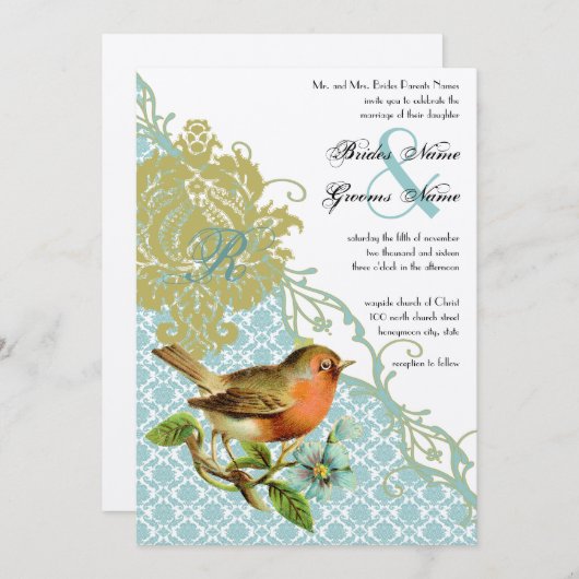 vogelkoraal Lagoon Endive Damask Wedding Kaart (Voorkant / Achterkant)