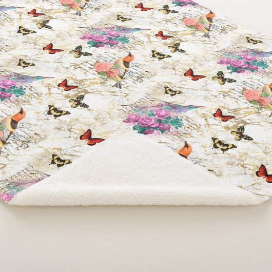  vogelkunst, bloemen, vlinders oude letters sherpa deken (3/4)