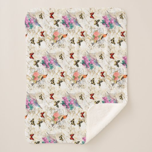  vogelkunst, bloemen, vlinders oude letters sherpa deken (Voorkant)