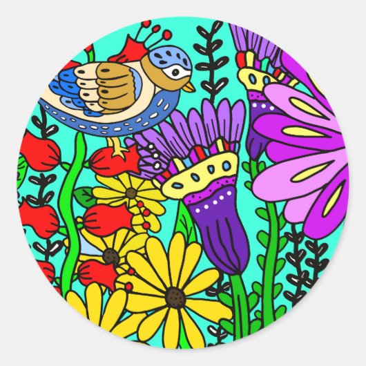 Vogelkunst en bloemen Folk Art Ronde Sticker (Voorkant)