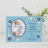 Vogelmededeling Blauw en Cream Floral Baby Boy Kaart (Staand voorkant)