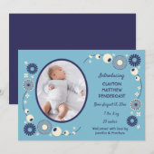Vogelmededeling Blauw en Cream Floral Baby Boy Kaart (Voorkant / Achterkant)