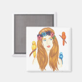 Vogelmeisje - 2 inch vierkante magneet (Voorkant / Achterkant)