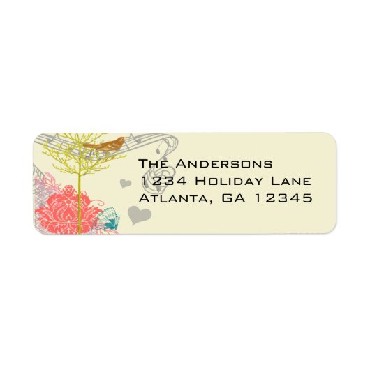  vogelMusical Coral Damask Tree-adres Etiket (Voorkant)