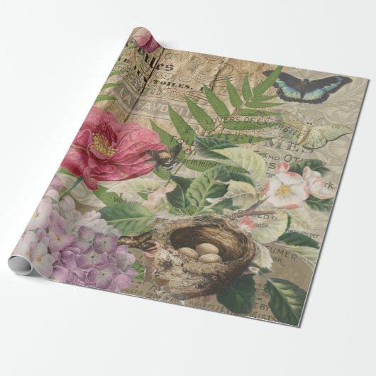 Vogelnest Bloementuin Bloem Vlinder Kunst Cadeaupapier (Uitgerold)