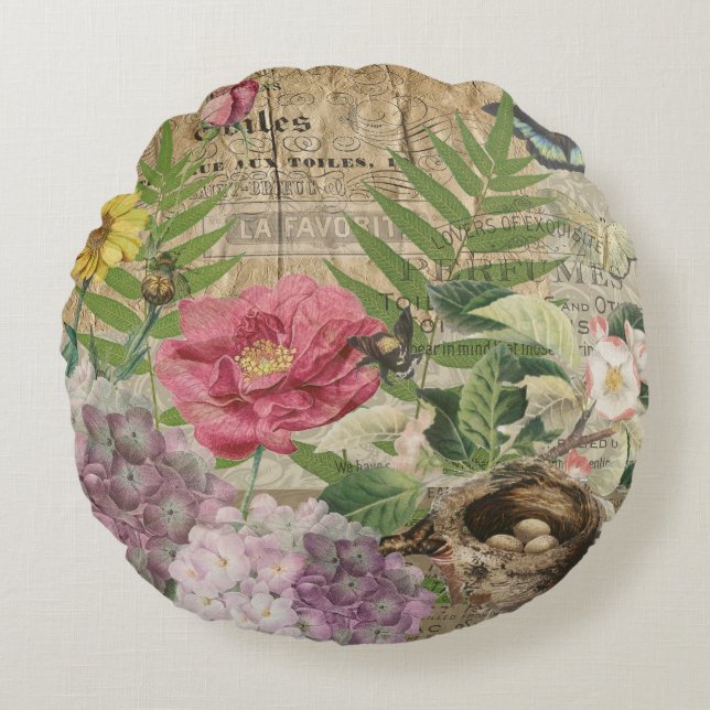 Vogelnest Bloementuin Bloem Vlinder Kunst Rond Kussen (Voorkant)